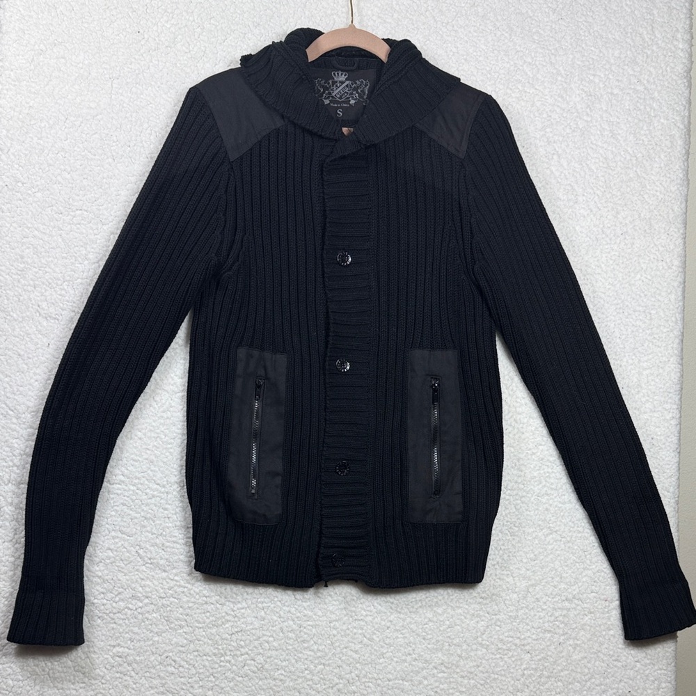 (C4) Guess vintage chunky knit hooded sweater with ribbed detailing, size S men